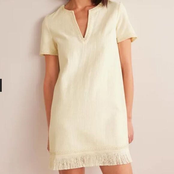 Boden Fringe Trim Hem Mini Shift Dress in Ivory 100% Cotton Pullover size 6R - Picture 3 of 13